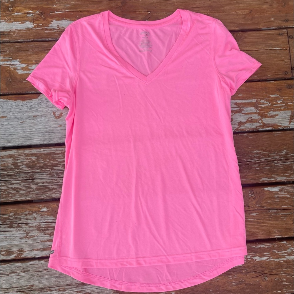 Pink athletic T-shirt with V-neck